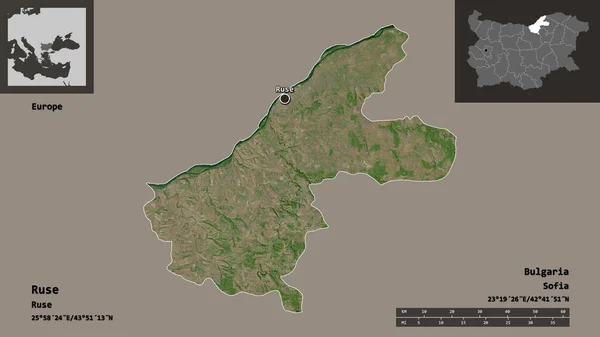 ルセの形 ブルガリアの州 そしてその首都 距離スケール プレビューおよびラベル 衛星画像 3Dレンダリング — ストック写真