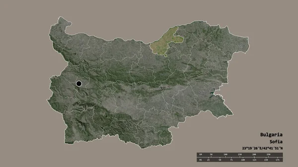主要な地域部門と分離されたルセ地域とブルガリアの荒廃した形 ラベル 衛星画像 3Dレンダリング — ストック写真