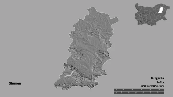 ブルガリアの州 シュメンの形で その首都はしっかりとした背景に隔離されています 距離スケール リージョンプレビュー およびラベル 標高マップ 3Dレンダリング — ストック写真