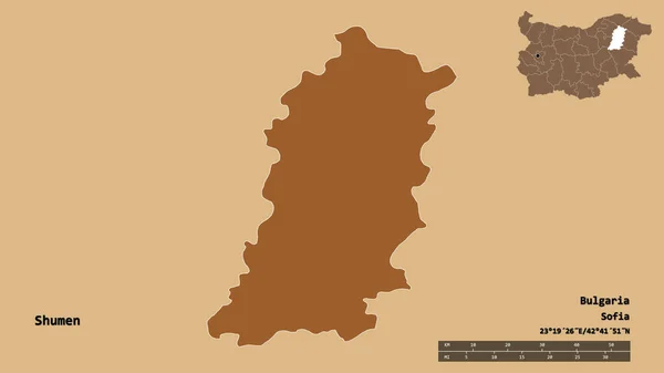 保加利亚省Shumen的形状 其首都在坚实的背景下与世隔绝 距离尺度 区域预览和标签 图形纹理的组成 3D渲染 — 图库照片