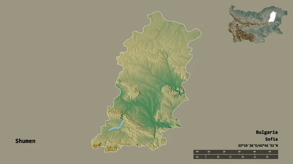 ブルガリアの州 シュメンの形で その首都はしっかりとした背景に隔離されています 距離スケール リージョンプレビュー およびラベル 地形図 3Dレンダリング — ストック写真