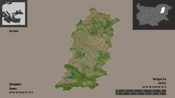 保加利亚省Shumen形状及其首都 距离刻度 预览和标签 卫星图像 3D渲染 — 图库照片