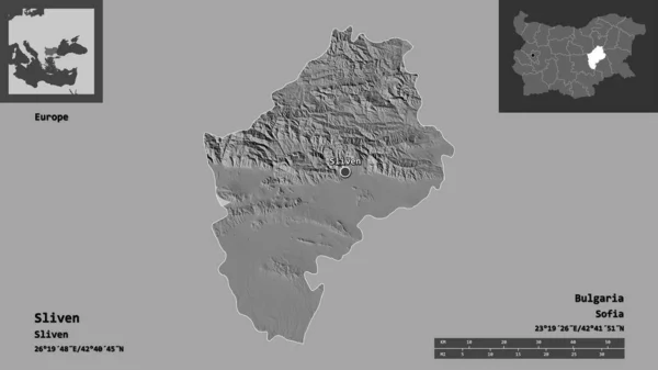 スリヴェンの形状 ブルガリアの州 およびその首都 距離スケール プレビューおよびラベル 標高マップ 3Dレンダリング — ストック写真