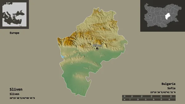 Sliven Şekli Bulgaristan Ili Başkenti Uzaklık Ölçeği Gösterimler Etiketler Topografik — Stok fotoğraf