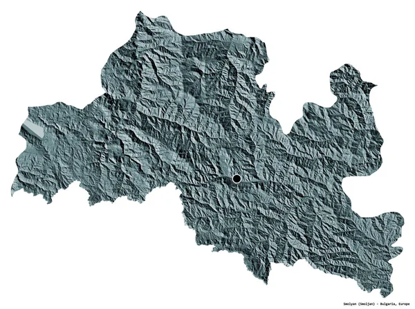 ブルガリアの州 スモリヤンの形で 首都は白い背景に孤立しています 色の標高マップ 3Dレンダリング — ストック写真