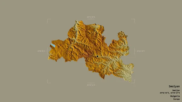 保加利亚斯摩利亚省斯摩利亚地区 在一个地理参照框的坚实背景下被隔离 地形浮雕图 3D渲染 — 图库照片