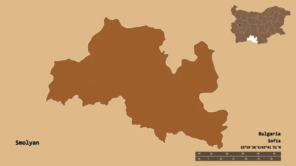 保加利亚斯摩利亚省的形状 其首都在坚实的背景下与世隔绝 距离尺度 区域预览和标签 图形纹理的组成 3D渲染 — 图库照片