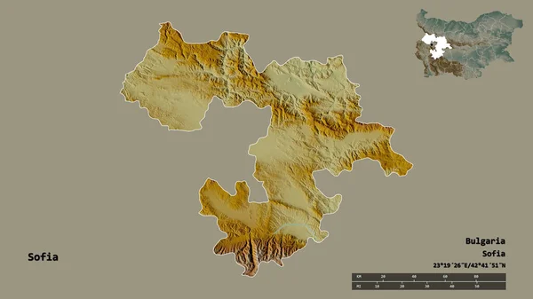 ブルガリアの県ソフィアの形で その首都はしっかりとした背景に隔離されています 距離スケール リージョンプレビュー およびラベル 地形図 3Dレンダリング — ストック写真