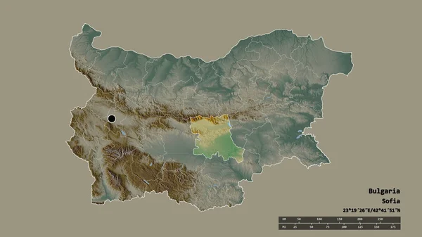 以首都 主要区域分部和分离的斯塔拉扎戈拉地区为首都的保加利亚的绝望状态 地形浮雕图 3D渲染 — 图库照片