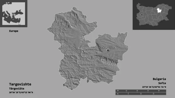 ブルガリアの州であるタルゴヴィシテとその首都の形 距離スケール プレビューおよびラベル 標高マップ 3Dレンダリング — ストック写真