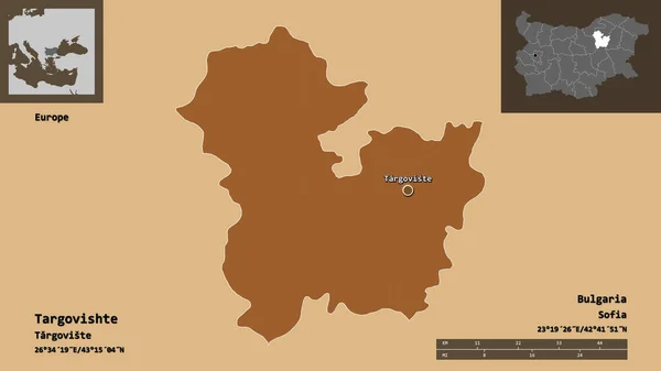 ブルガリアの州であるタルゴヴィシテとその首都の形 距離スケール プレビューおよびラベル パターン化されたテクスチャの構成 3Dレンダリング — ストック写真