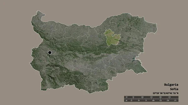 主要な地域部門と分離されたタルゴヴィシテ地域とブルガリアの荒廃した形 ラベル 衛星画像 3Dレンダリング — ストック写真
