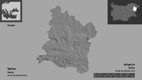 ブルガリアの州であるヴァルナとその首都の形 距離スケール プレビューおよびラベル 標高マップ 3Dレンダリング — ストック写真