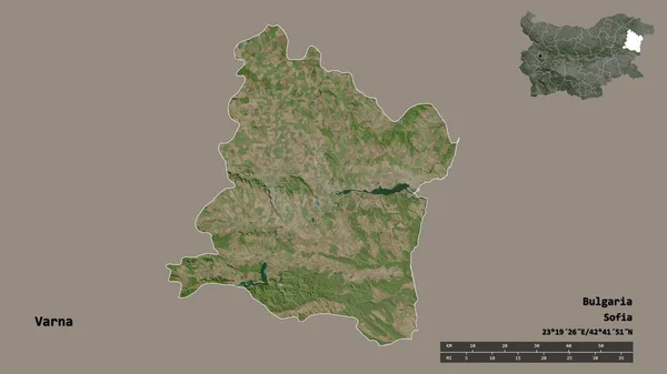 ブルガリアの州 ヴァルナの形で その首都はしっかりとした背景に隔離されています 距離スケール リージョンプレビュー およびラベル 衛星画像 3Dレンダリング — ストック写真