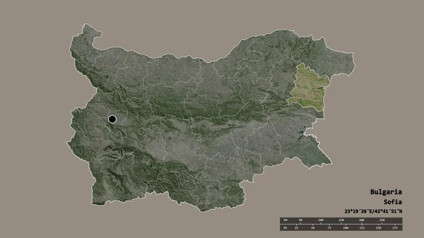 主要な地域部門と分離されたヴァルナ地域とブルガリアの荒廃した形 ラベル 衛星画像 3Dレンダリング — ストック写真