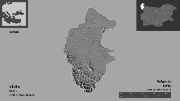 保加利亚Vidin的形状及其首都 距离刻度 预览和标签 Bilevel高程图 3D渲染 — 图库照片