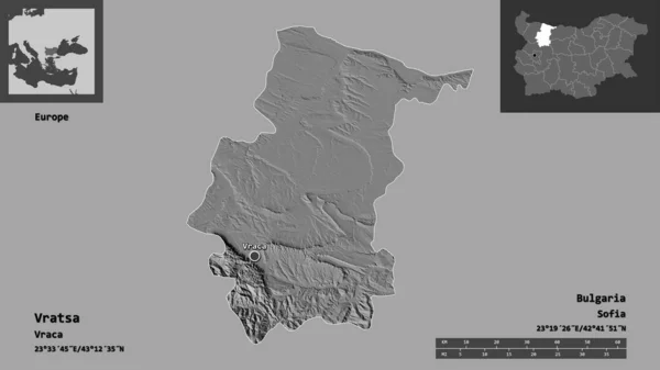 ブルガリアのヴラツァ州とその首都の形 距離スケール プレビューおよびラベル 標高マップ 3Dレンダリング — ストック写真