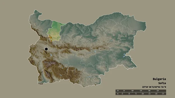 以首都 主要区域分部和分离的弗拉特萨地区为首都的保加利亚的绝望状态 地形浮雕图 3D渲染 — 图库照片