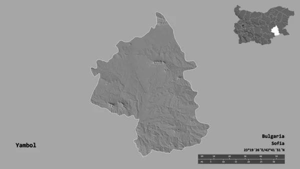 ブルガリアの州ヤンボルの形は その首都はしっかりとした背景に隔離されています 距離スケール リージョンプレビュー およびラベル 標高マップ 3Dレンダリング — ストック写真