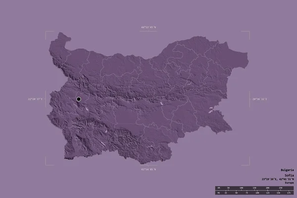 保加利亚的一个区域在一个地理参照框的坚实背景上被隔离 主要区域分部 距离标度 彩色高程图 3D渲染 — 图库照片