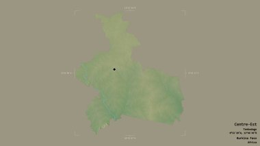 Merkez Doğu Bölgesi, Burkina Faso bölgesi, bir sınır kutusunda sağlam bir zemin üzerinde izole edilmiştir. Etiketler. Topografik yardım haritası. 3B görüntüleme