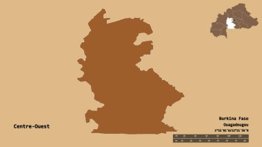 Merkez-Ouest 'in şekli, Burkina Faso bölgesi, sermayesi sağlam arka planda izole edilmiş. Uzaklık ölçeği, bölge önizlemesi ve etiketleri. Desenli dokuların bileşimi. 3B görüntüleme