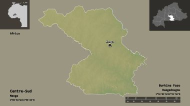 Merkez Sud 'un şekli, Burkina Faso bölgesi ve başkenti. Uzaklık ölçeği, ön gösterimler ve etiketler. Topografik yardım haritası. 3B görüntüleme