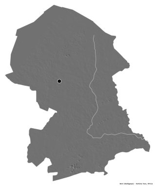 Nord 'un şekli, Burkina Faso bölgesi, başkenti beyaz arka planda izole edilmiştir. Çift seviyeli yükseklik haritası. 3B görüntüleme