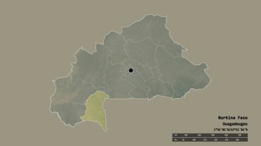 Başkenti, ana bölgesel bölümü ve ayrılmış Sud-Ouest bölgesiyle Burkina Faso 'nun deforme edilmiş şekli. Etiketler. Topografik yardım haritası. 3B görüntüleme