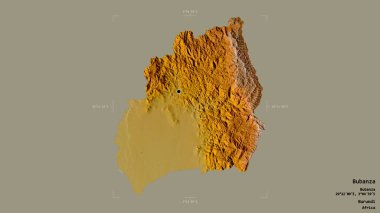 Bubanza bölgesi, Burundi vilayeti, jeoreferatlı bir sınır kutusunda sağlam bir arka planda izole edilmiş. Etiketler. Topografik yardım haritası. 3B görüntüleme