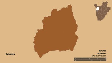 Bubanza, Burundi ili, başkenti katı arka planda izole edilmiş. Uzaklık ölçeği, bölge önizlemesi ve etiketleri. Desenli dokuların bileşimi. 3B görüntüleme