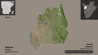 Bubanza 'nın şekli, Burundi ili ve başkenti. Uzaklık ölçeği, ön gösterimler ve etiketler. Uydu görüntüleri. 3B görüntüleme