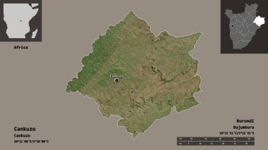 Cankuzo 'nun şekli, Burundi ili ve başkenti. Uzaklık ölçeği, ön gösterimler ve etiketler. Uydu görüntüleri. 3B görüntüleme