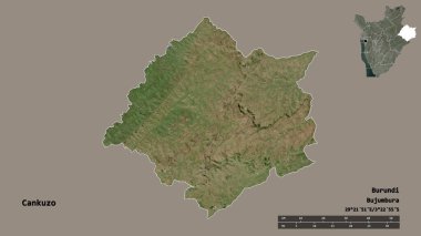 Burundi ili, Cankuzo 'nun şekli, başkenti sağlam bir zemin üzerinde izole edilmiştir. Uzaklık ölçeği, bölge önizlemesi ve etiketleri. Uydu görüntüleri. 3B görüntüleme