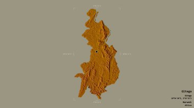 Gitega bölgesi, Burundi vilayeti, jeoreferatlı bir sınır kutusunda sağlam bir arka planda izole edilmiş. Etiketler. Topografik yardım haritası. 3B görüntüleme