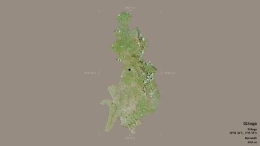 Gitega bölgesi, Burundi vilayeti, jeoreferatlı bir sınır kutusunda sağlam bir arka planda izole edilmiş. Etiketler. Uydu görüntüleri. 3B görüntüleme