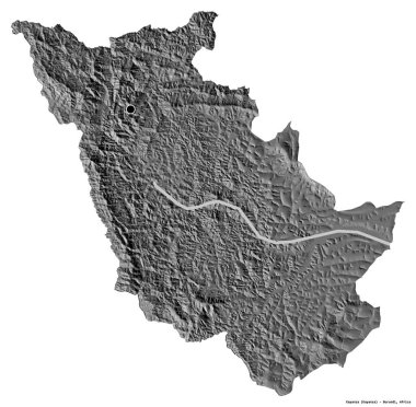Kayanza, Burundi ili, başkenti beyaz arka planda izole edilmiş. Çift seviyeli yükseklik haritası. 3B görüntüleme