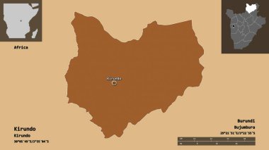 Kirundo 'nun şekli, Burundi vilayeti ve başkenti. Uzaklık ölçeği, ön gösterimler ve etiketler. Desenli dokuların bileşimi. 3B görüntüleme