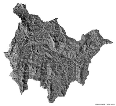 Muramvya, Burundi ili, başkenti beyaz arka planda izole edilmiş. Çift seviyeli yükseklik haritası. 3B görüntüleme