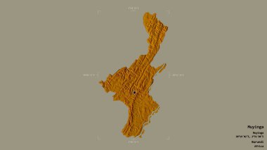 Muyinga bölgesi, Burundi vilayeti, jeoreferatlı bir sınır kutusunda sağlam bir arka planda izole edilmiş. Etiketler. Topografik yardım haritası. 3B görüntüleme