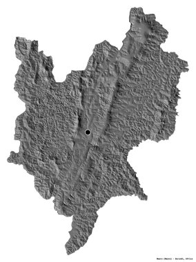 Beyaz arka planda başkenti izole edilmiş Burundi ili, Mwaro 'nun şekli. Çift seviyeli yükseklik haritası. 3B görüntüleme