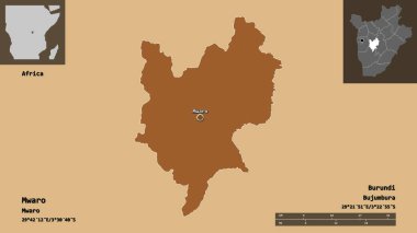 Mwaro, Burundi ili ve başkenti. Uzaklık ölçeği, ön gösterimler ve etiketler. Desenli dokuların bileşimi. 3B görüntüleme