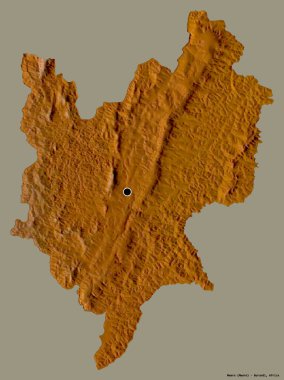 Mwaro, Burundi ili, başkenti katı renk arkaplanı ile izole edilmiştir. Topografik yardım haritası. 3B görüntüleme