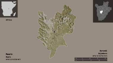 Mwaro, Burundi ili ve başkenti. Uzaklık ölçeği, ön gösterimler ve etiketler. Uydu görüntüleri. 3B görüntüleme