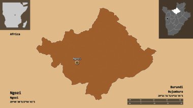 Ngozi 'nin şekli, Burundi ili ve başkenti. Uzaklık ölçeği, ön gösterimler ve etiketler. Desenli dokuların bileşimi. 3B görüntüleme