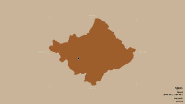 Ngozi bölgesi, Burundi vilayeti, jeoreferatlı bir sınır kutusunda sağlam bir arka planda izole edilmiş. Etiketler. Desenli dokuların bileşimi. 3B görüntüleme