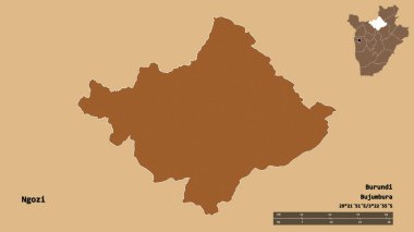 Ngozi, Burundi ili, başkenti katı bir zemin ile izole edilmiştir. Uzaklık ölçeği, bölge önizlemesi ve etiketleri. Desenli dokuların bileşimi. 3B görüntüleme