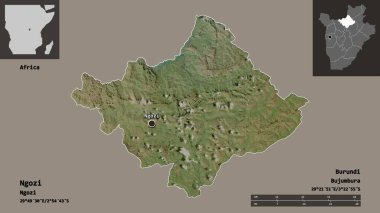 Ngozi 'nin şekli, Burundi ili ve başkenti. Uzaklık ölçeği, ön gösterimler ve etiketler. Uydu görüntüleri. 3B görüntüleme