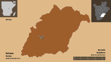Rutana 'nın şekli, Burundi ili ve başkenti. Uzaklık ölçeği, ön gösterimler ve etiketler. Desenli dokuların bileşimi. 3B görüntüleme
