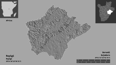 Ruyigi, Burundi ili ve başkenti. Uzaklık ölçeği, ön gösterimler ve etiketler. Çift seviyeli yükseklik haritası. 3B görüntüleme